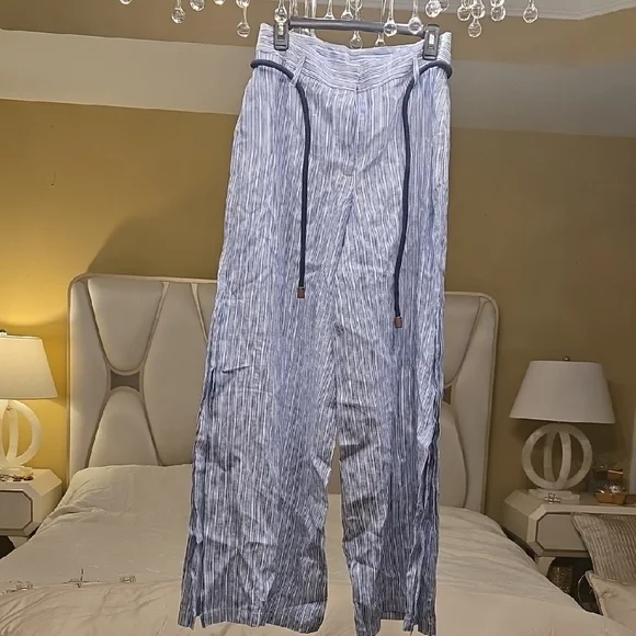 Anthropologie Elevenses Wide-Leg Pants in Light Blue and White Linen Size 6 - Picture 4 of 16